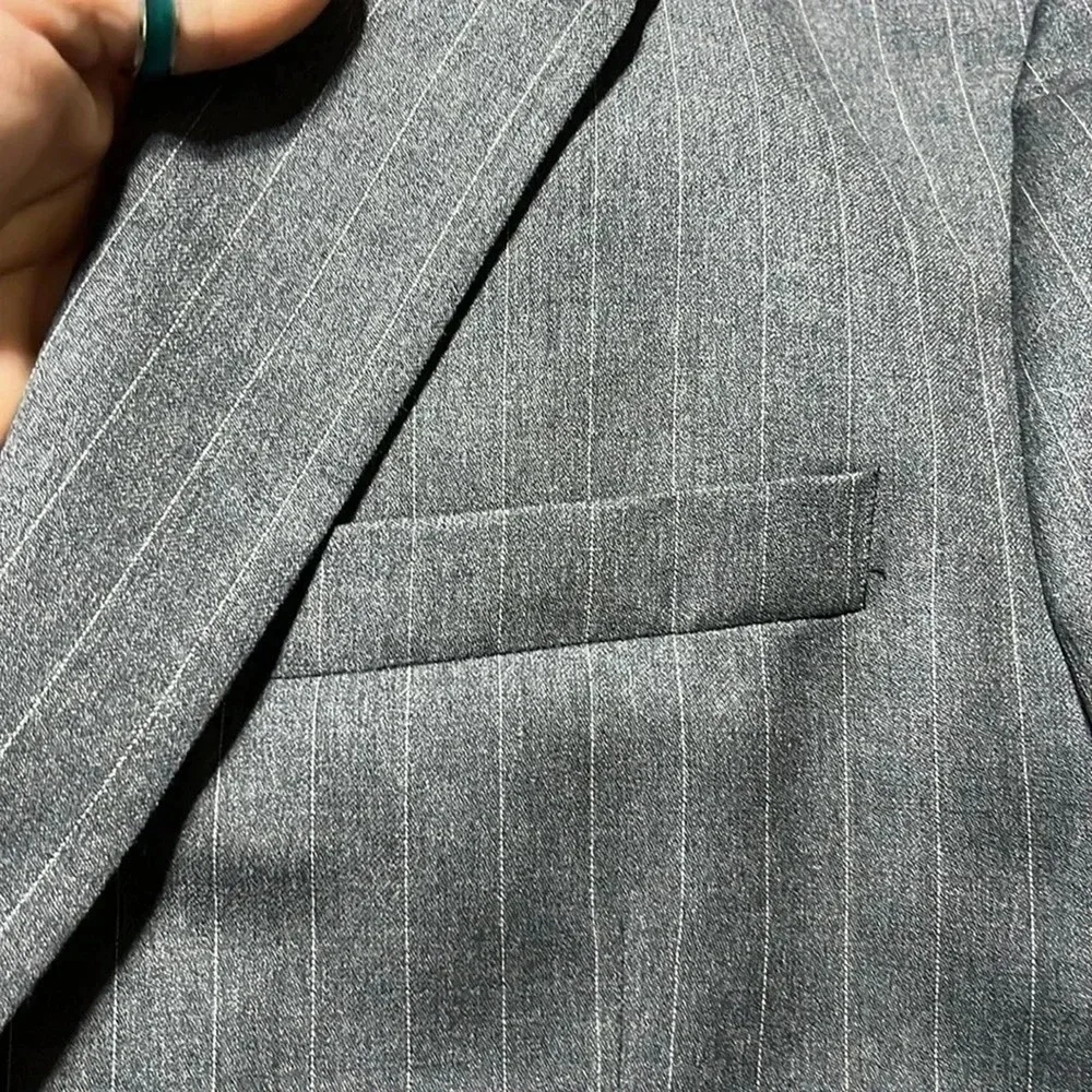 Lauren Ralph Lauren‎ Blazer 46L Grey Pinstripe 100% Wool Two Button Jacket Vtg